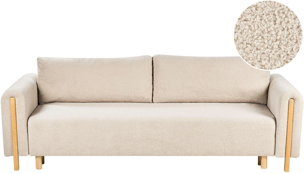 Beliani Trivietė išskleidžiama sofa KVAM, „Boucle“ audinys, šviesiai smėlinė spalva su patalynės dėže