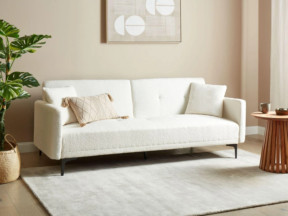 Beliani Trivietė išskleidžiama sofa LUCAN Boucle, kreminė balta