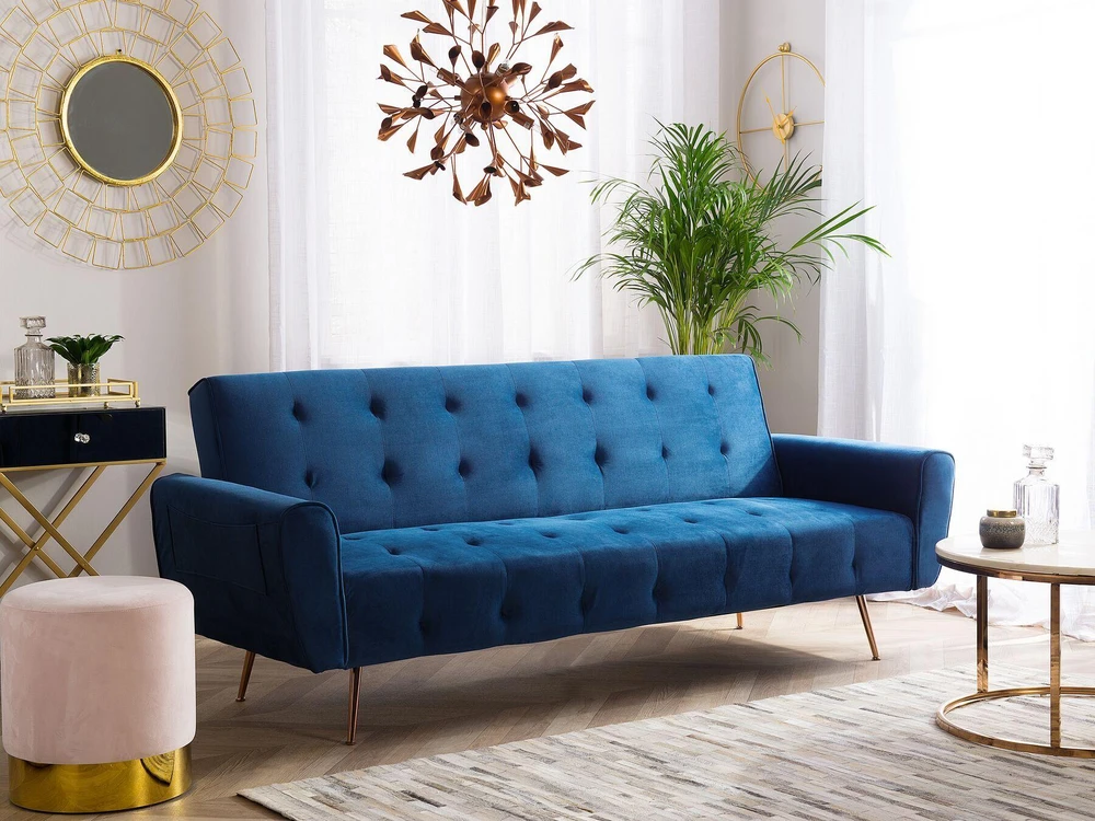Beliani Trivietė išskleidžiama sofa SELNES, veliūrinė, tamsiai mėlyna