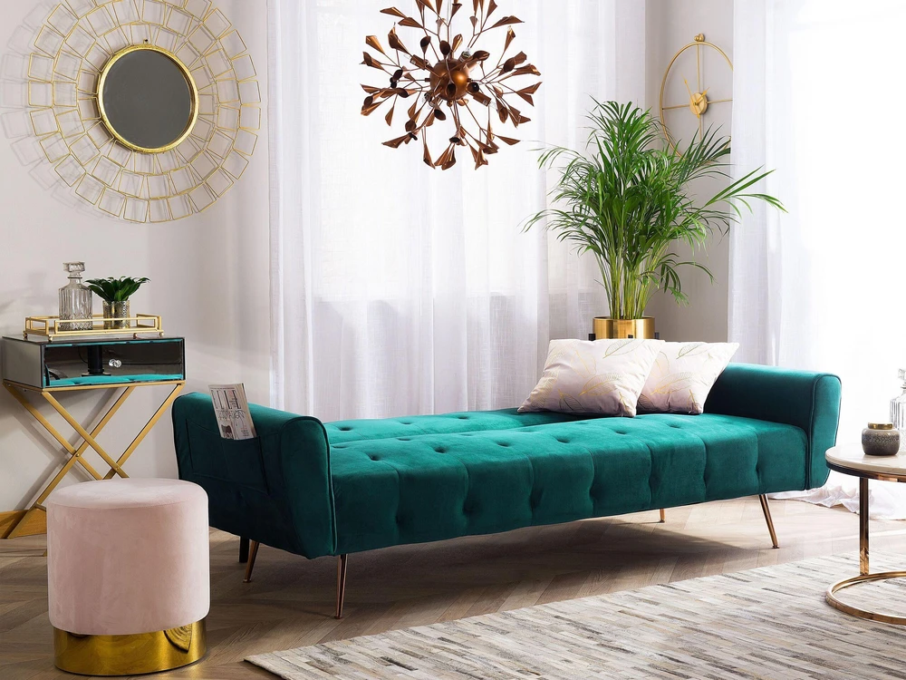 Beliani Trivietė išskleidžiama sofa SELNES, veliūrinė, smaragdinė