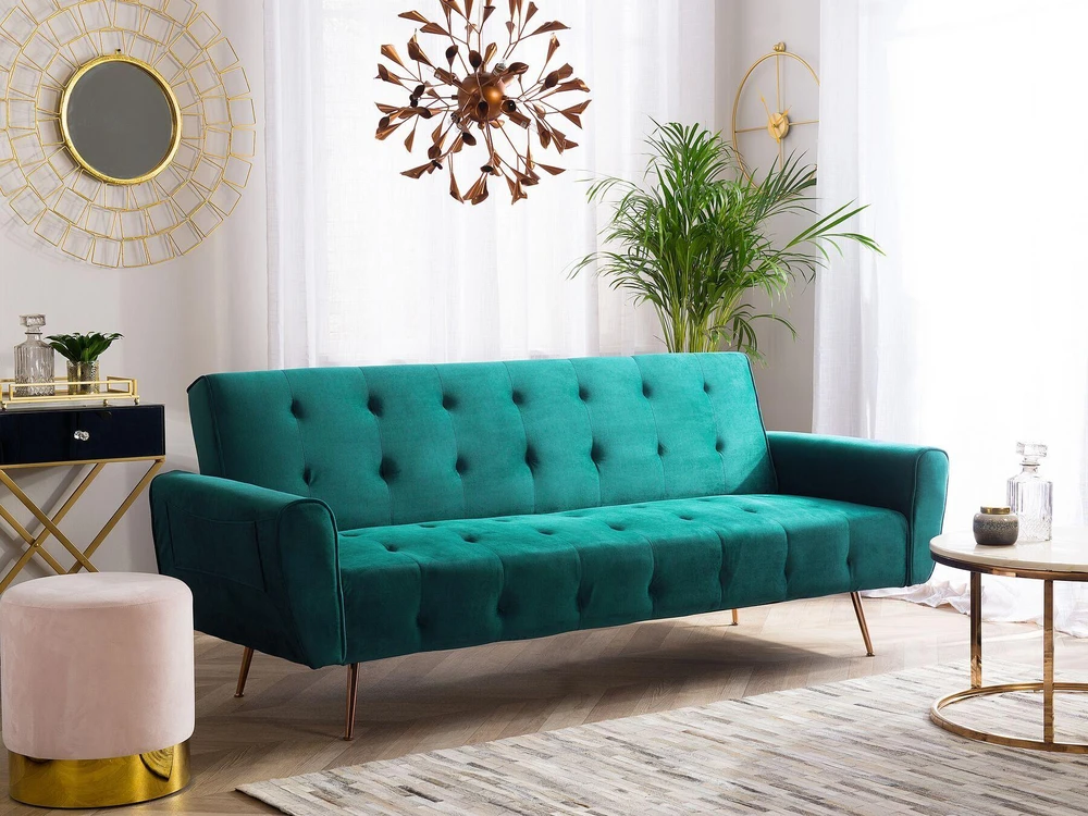 Beliani Trivietė išskleidžiama sofa SELNES, veliūrinė, smaragdinė