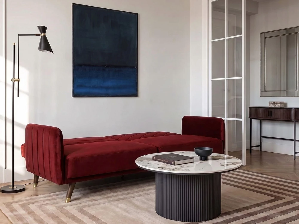 Beliani Trivietė išskleidžiama sofa SENJA, veliūrinė, bordinė