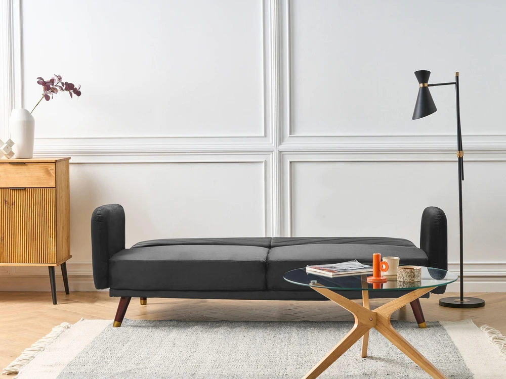 Beliani Trivietė išskleidžiama sofa SENJA, veliūras, juoda