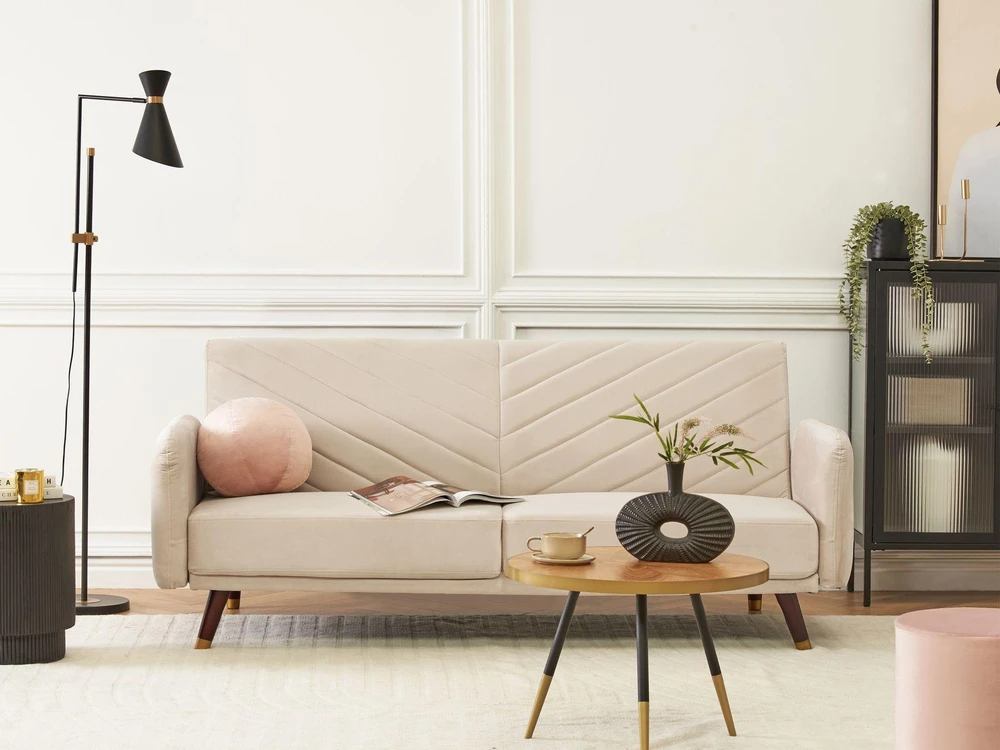 Beliani Trivietė išskleidžiama sofa SENJA, veliūras, smėlio spalvos