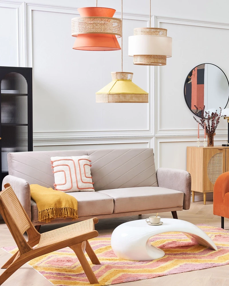 Beliani Trivietė išskleidžiama sofa SENJA, veliūras, smėlio spalvos