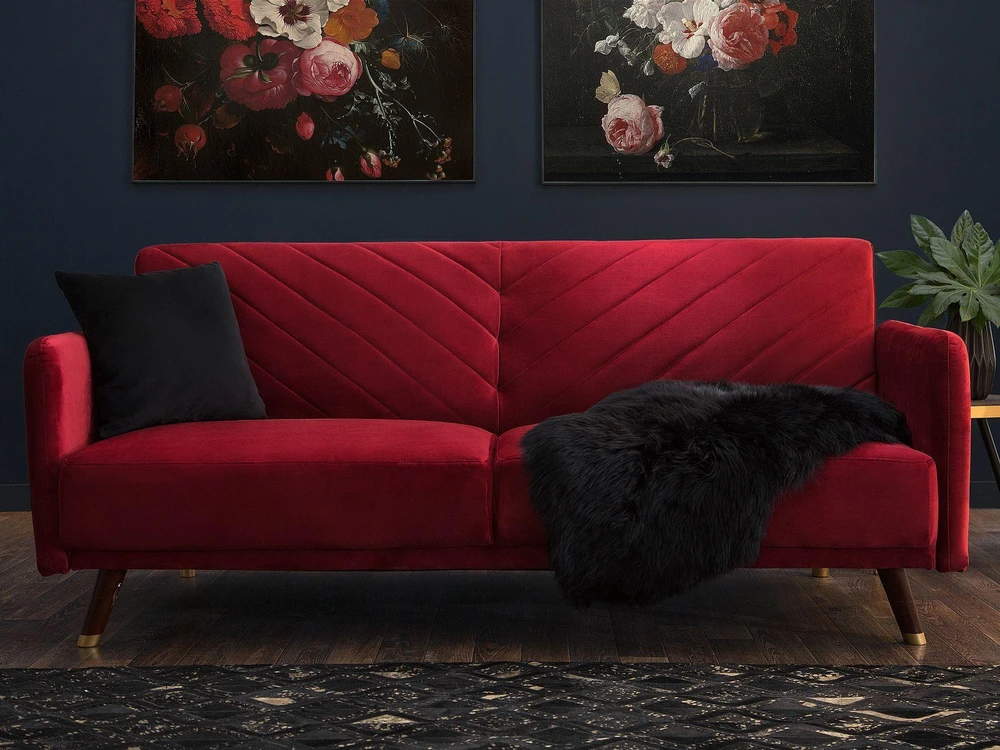 Beliani Trivietė išskleidžiama sofa SENJA, veliūrinė, bordinė