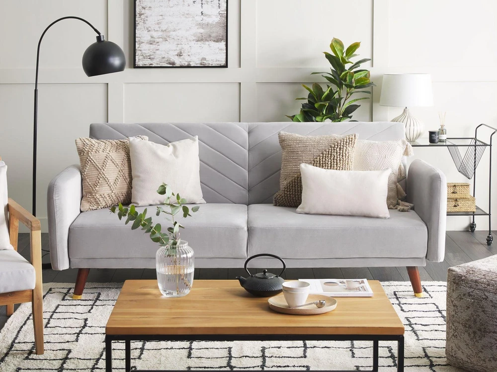 Beliani Trivietė išskleidžiama sofa SENJA, veliūras, šviesiai pilka
