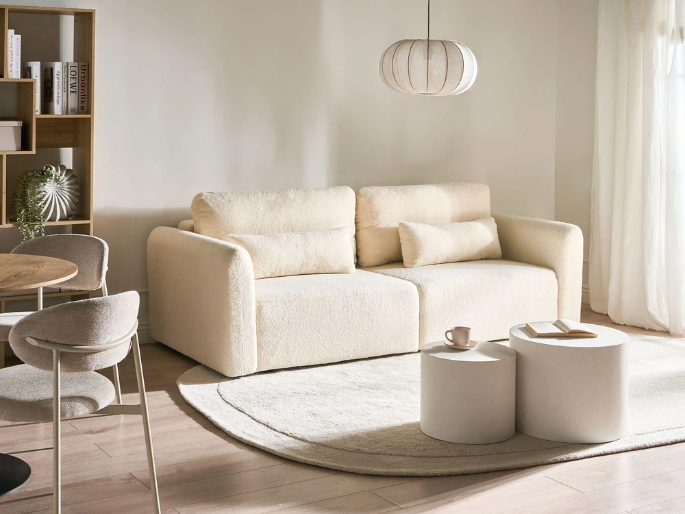 Beliani Trivietė išskleidžiama sofa VAXHOLM Boucle, kreminės spalvos su patalynės dėže