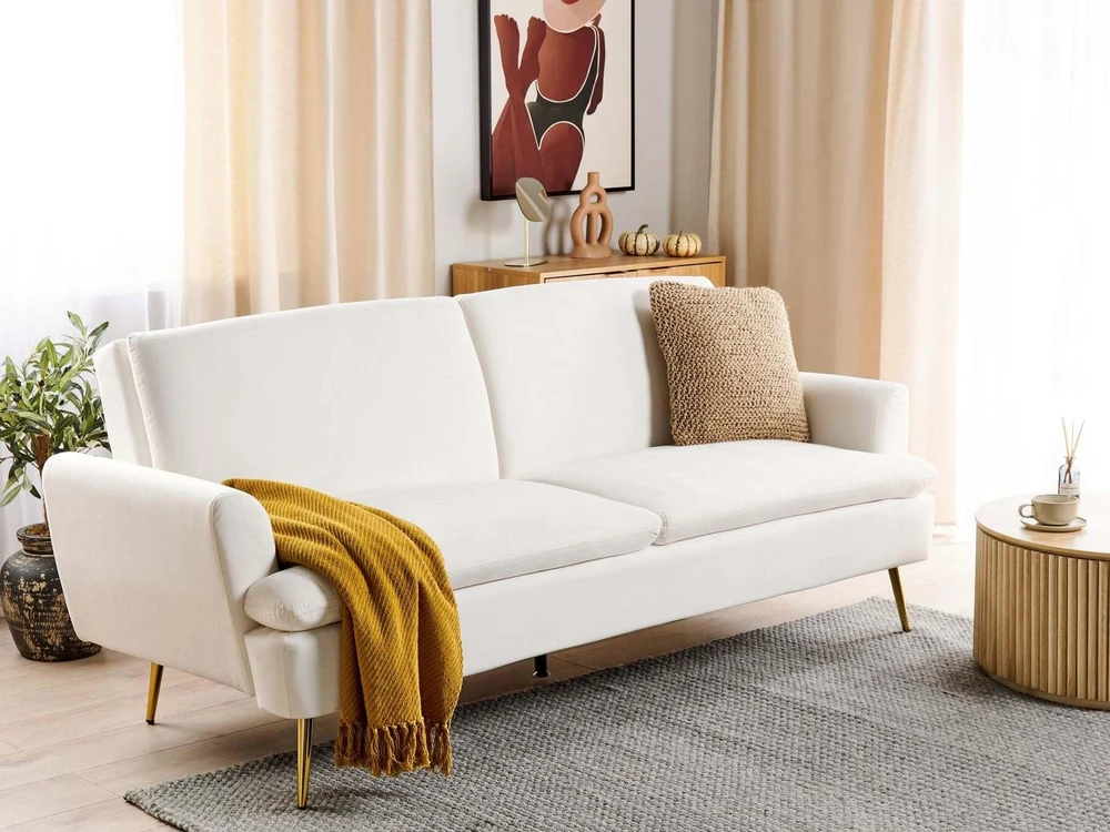 Beliani Trivietė išskleidžiama sofa VETTRE aksominė, kremiškai balta
