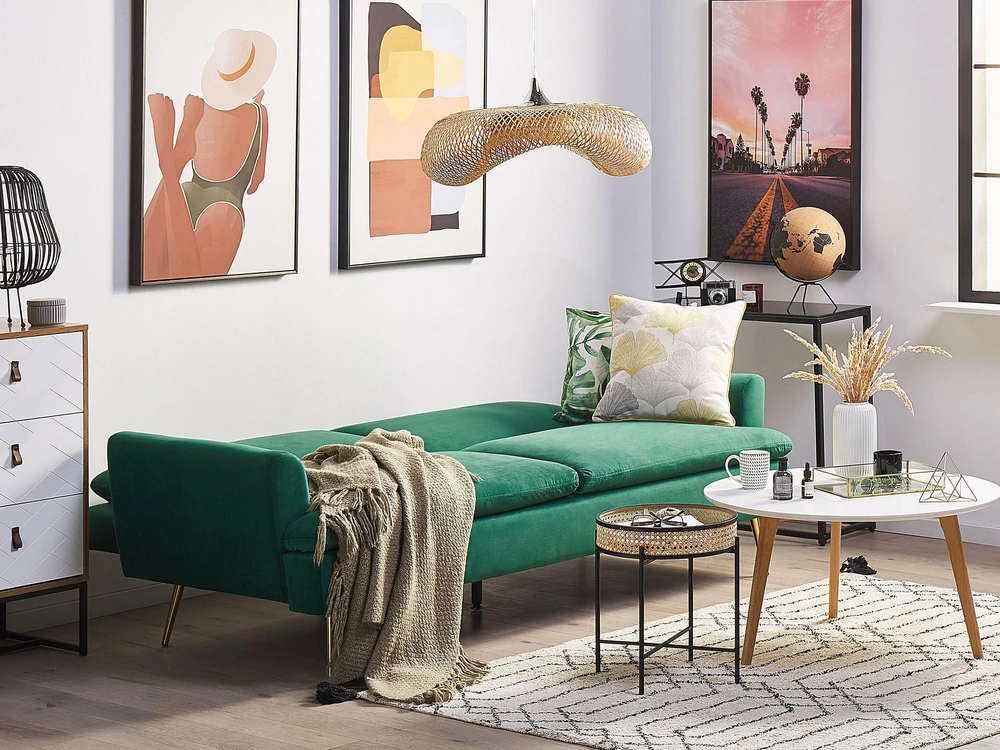 Beliani Trivietė išskleidžiama sofa VETTRE, veliūras, tamsiai žalia