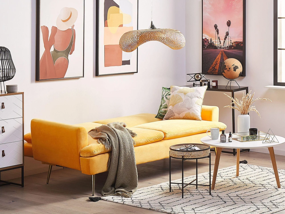 Beliani Trivietė išskleidžiama sofa VETTRE, veliūras, geltona