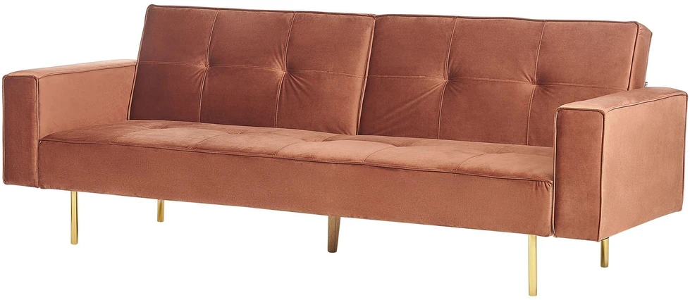 Beliani Trivietė išskleidžiama sofa VISNES veliūrinė aukso ruda