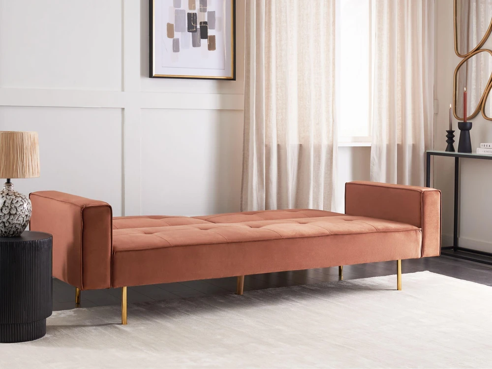 Beliani Trivietė išskleidžiama sofa VISNES veliūrinė aukso ruda