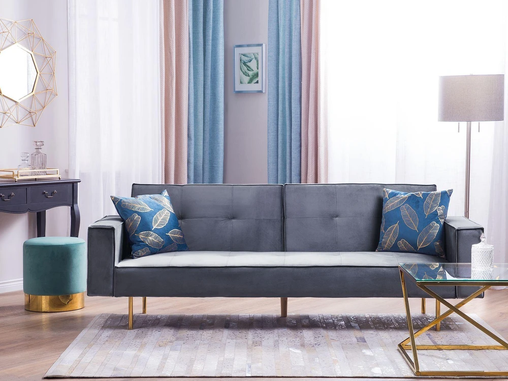 Beliani Trivietė išskleidžiama sofa VISNES, veliūrinė, pilka