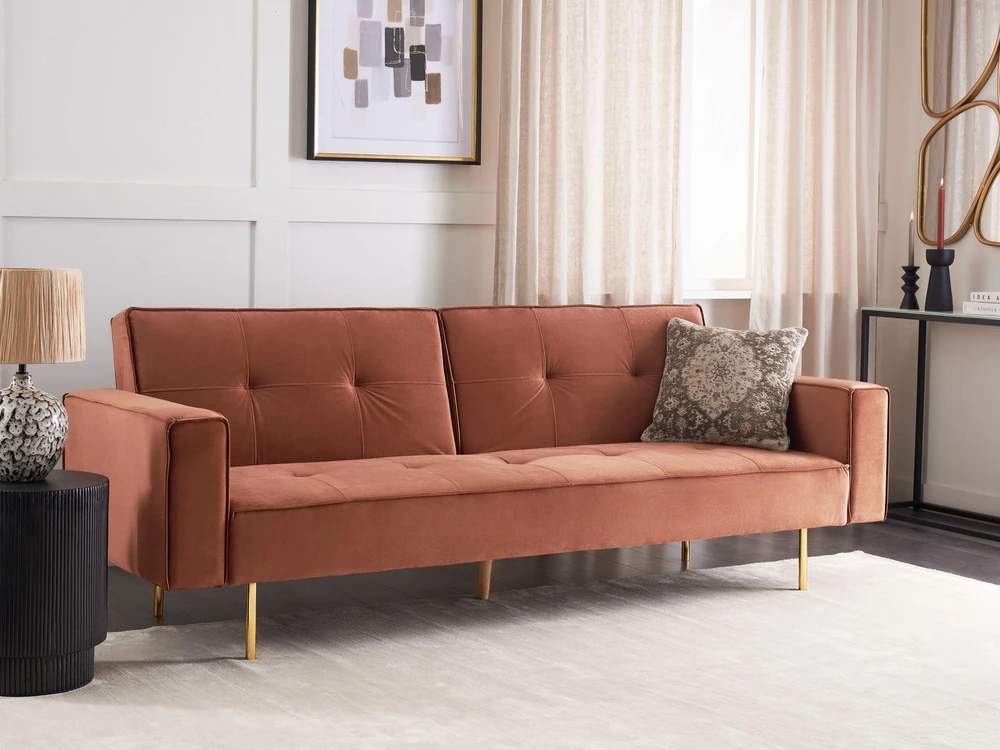 Beliani Trivietė išskleidžiama sofa VISNES veliūrinė aukso ruda
