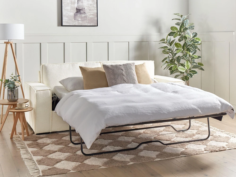 Beliani Trivietė išskleidžiama sofa VUOKATTI Boucle, kreminė balta