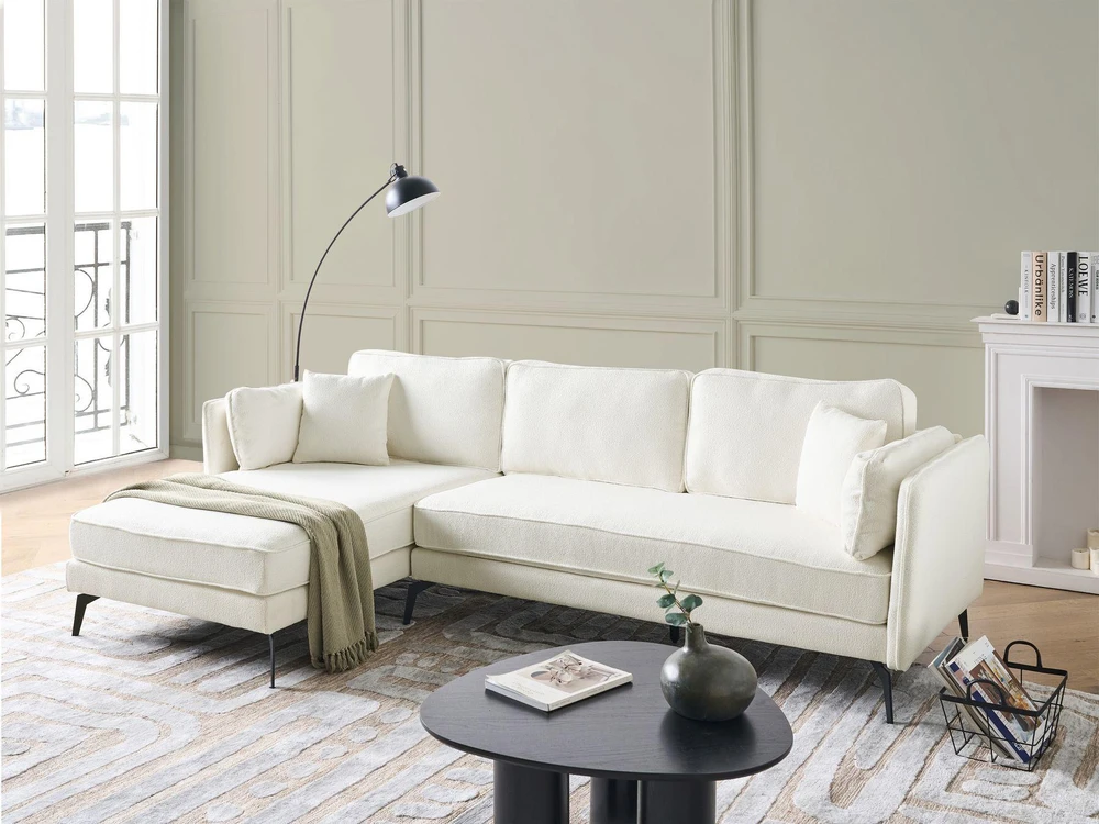 Beliani Trivietė kampinė sofa ALTAN, boucle audinys, dramblio kaulo spalva, dešininė