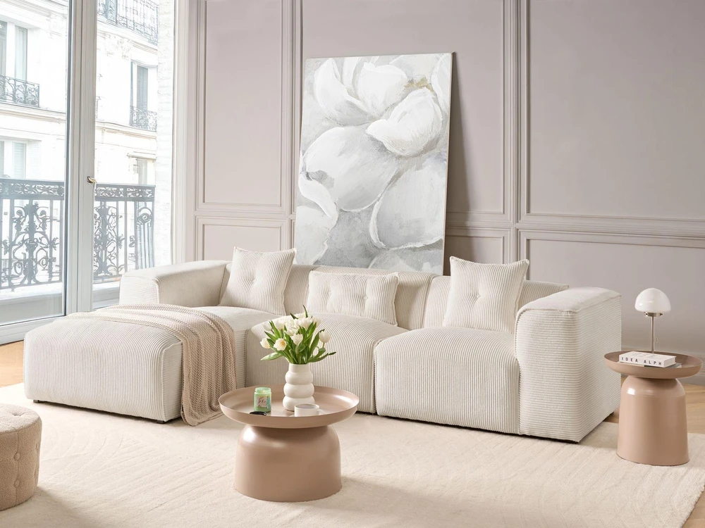 Beliani Trivietė kampinė sofa DOLVA iš velveto, kreminės spalvos, dešininė