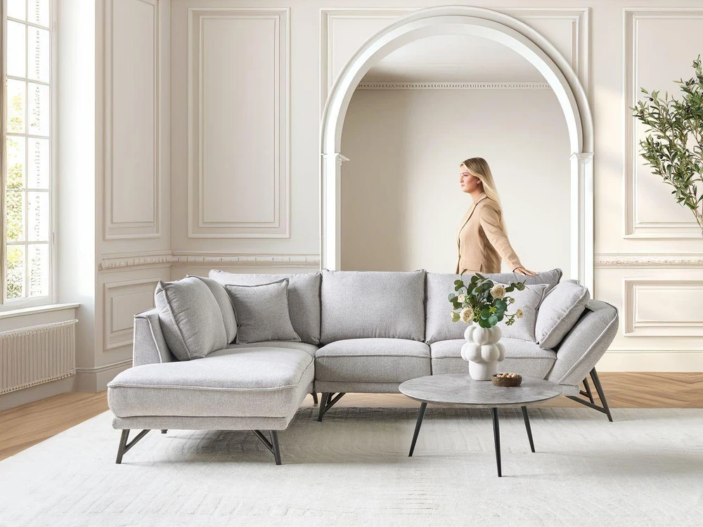 Beliani Trivietė kampinė sofa ELGA, linas, šviesiai pilka, dešininė
