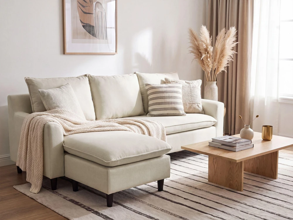 Beliani Trivietė kampinė sofa ELVENES, šviesiai smėlio spalvos, pritaikoma