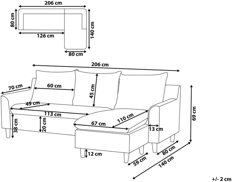 Beliani Trivietė kampinė sofa ELVENES, šviesiai pilka, kairinė