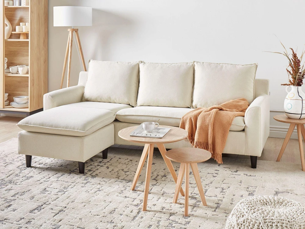 Beliani Trivietė kampinė sofa ELVENES, šviesiai smėlio spalvos, pritaikoma