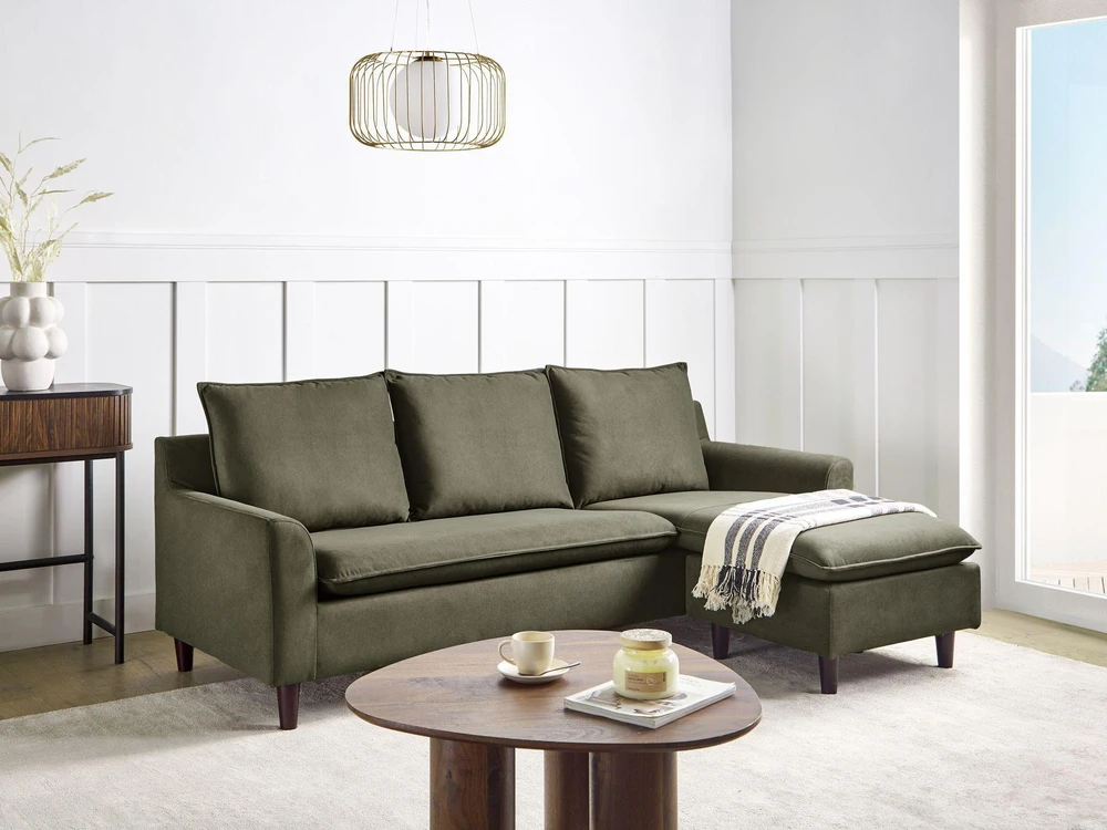 Beliani Trivietė kampinė sofa ELVENES, veliūrinė, tamsiai žalia, kairinė