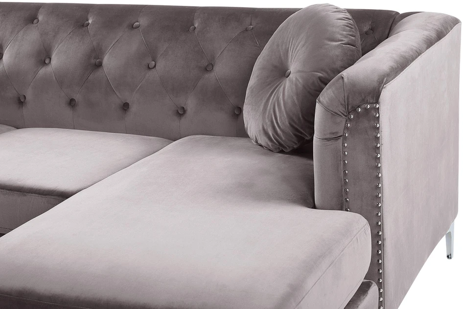 Beliani Trivietė kampinė sofa FLEN, veliūrinė, pilka, L-formos