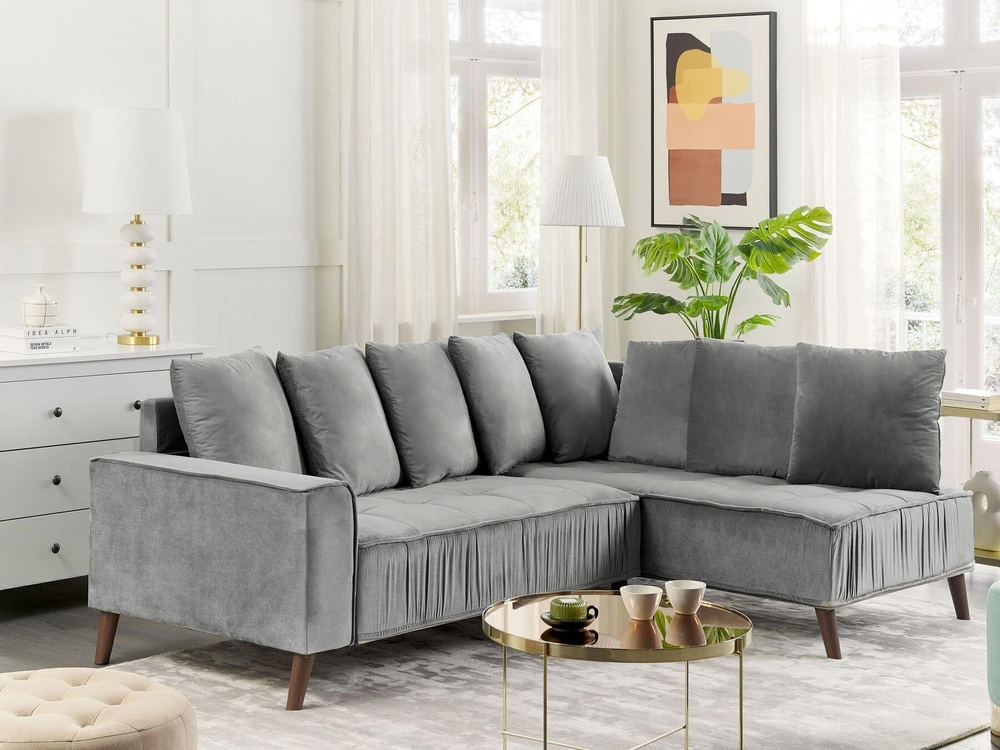Beliani Trivietė kampinė sofa GRENA, veliūras, šviesiai pilka, kairinė