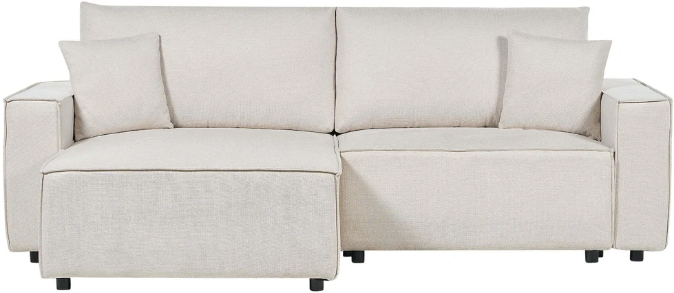 Beliani Trivietė kampinė sofa KARILA, šviesiai smėlio spalvos, su miegojimo funkcija ir patalynės dėže, dešininė
