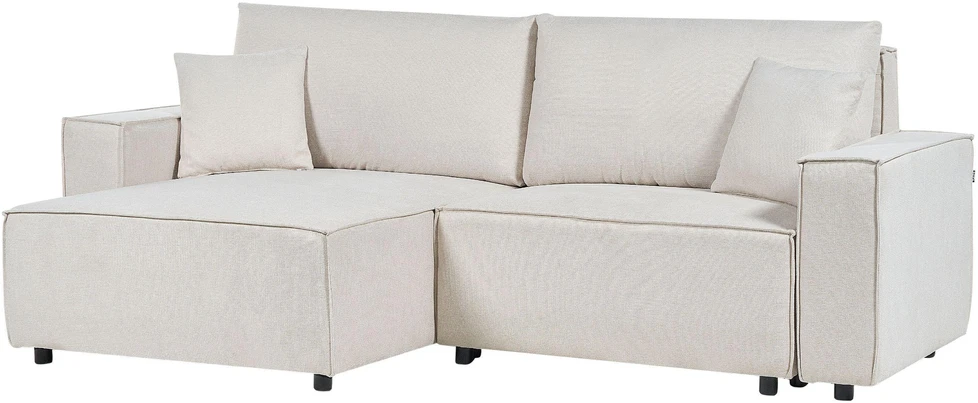 Beliani Trivietė kampinė sofa KARILA, šviesiai smėlio spalvos, su miegojimo funkcija ir patalynės dėže, dešininė