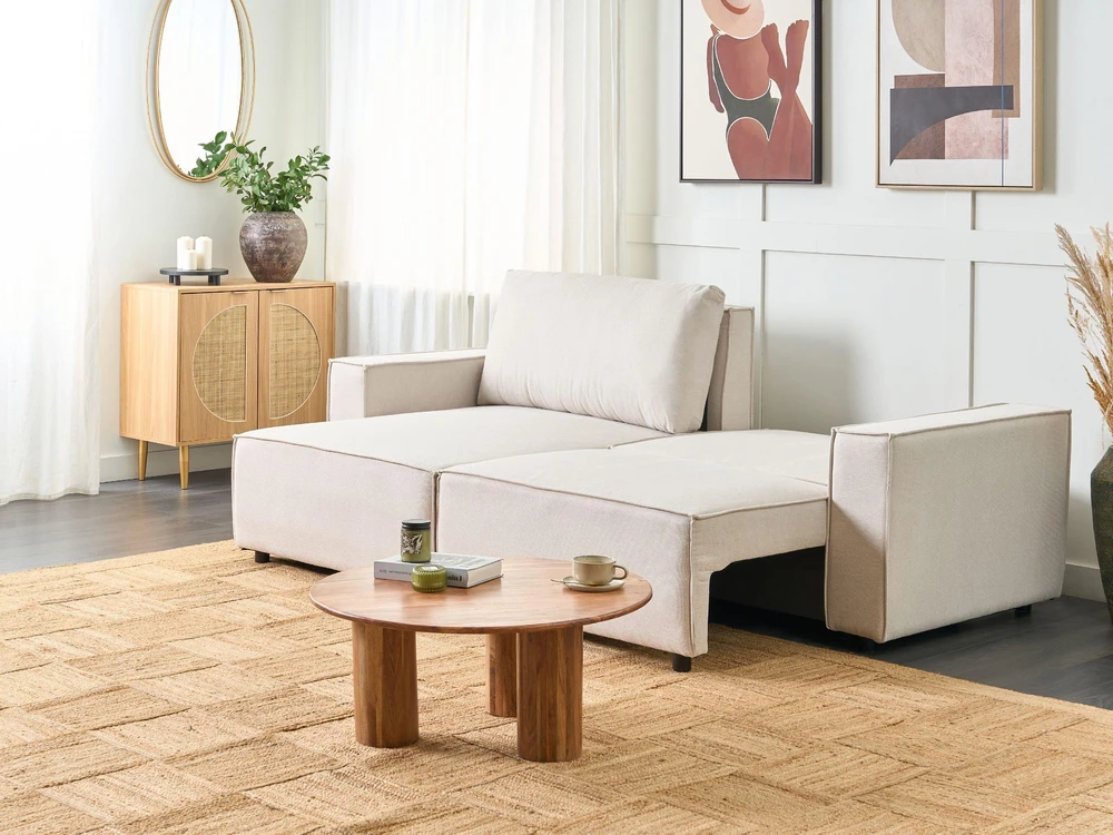 Beliani Trivietė kampinė sofa KARILA, šviesiai smėlio spalvos, su miegojimo funkcija ir patalynės dėže, dešininė