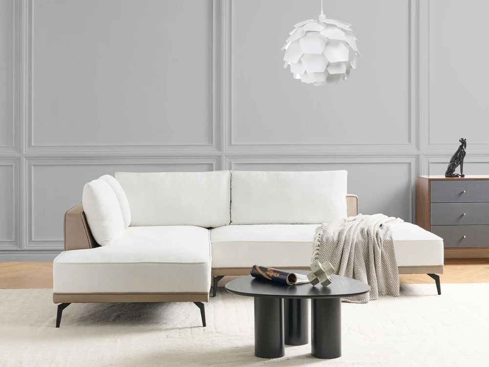 Beliani Trivietė kampinė sofa MYKEN kreminės baltos spalvos, dešininė
