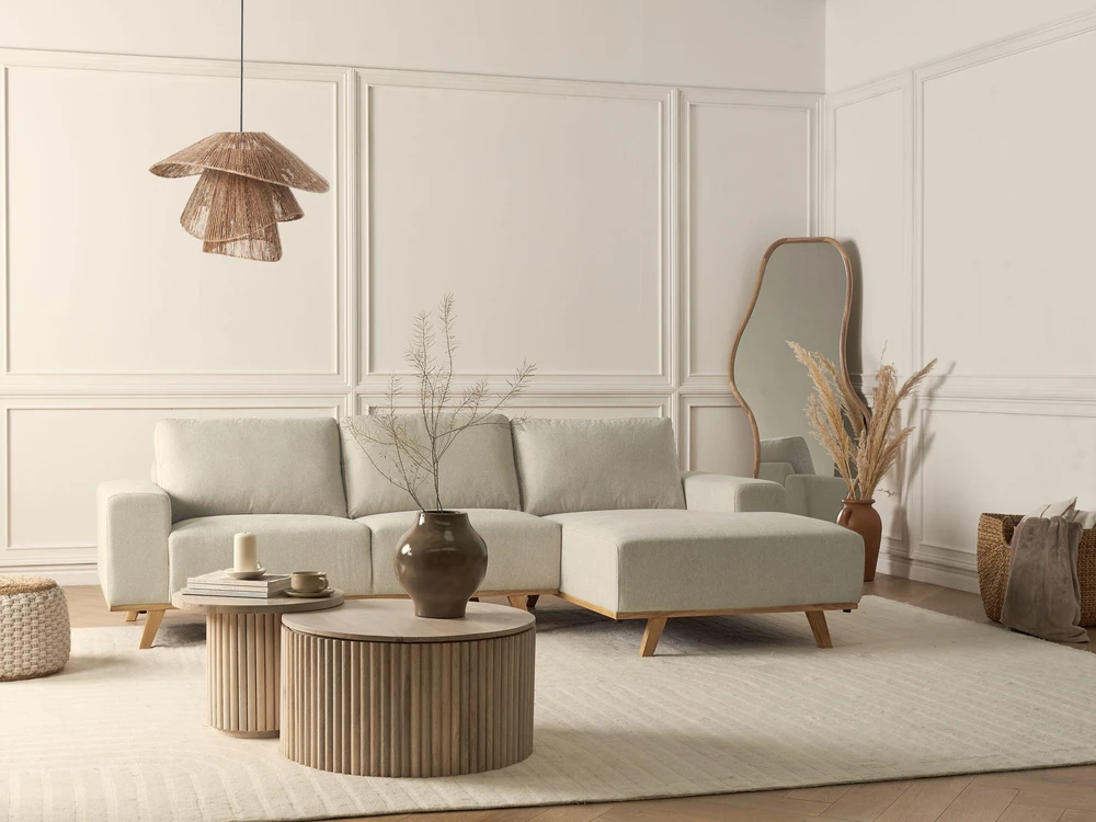 Beliani Trivietė kampinė sofa NORA smėlio spalvos kairinė