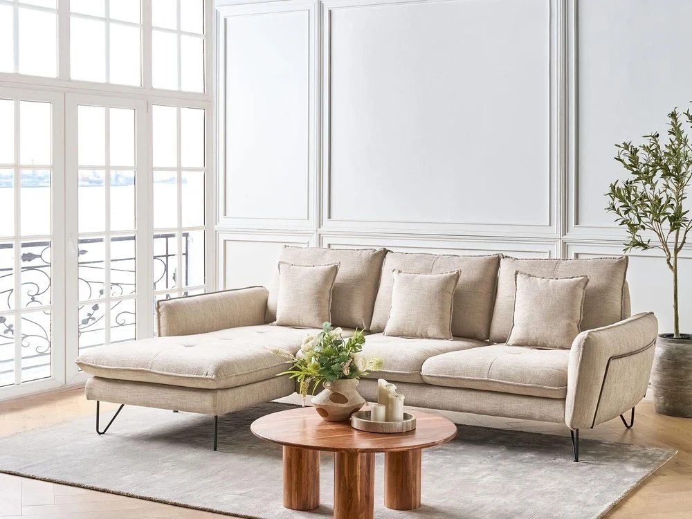 Beliani Trivietė kampinė sofa SERSAN šenilo audinio, smėlio spalvos, dešininė