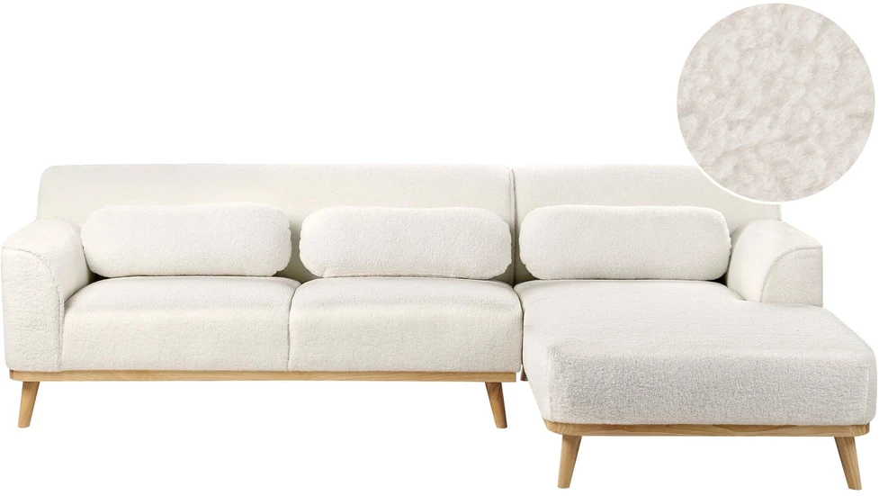 Beliani Trivietė kampinė sofa SIMOS Boucle balta kairinė