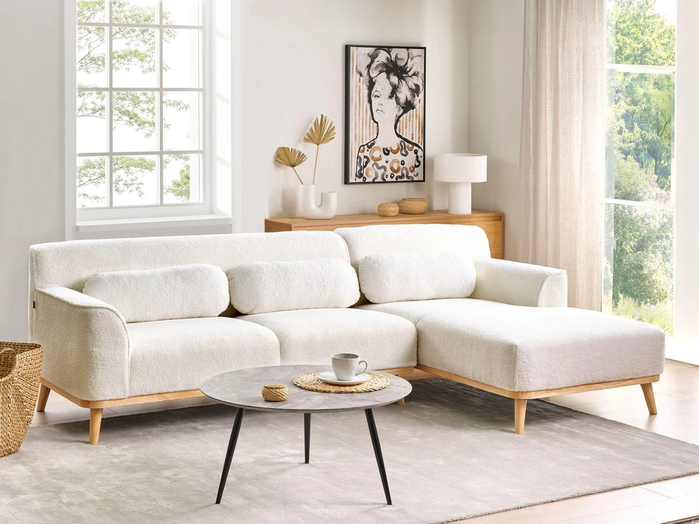 Beliani Trivietė kampinė sofa SIMOS Boucle balta kairinė
