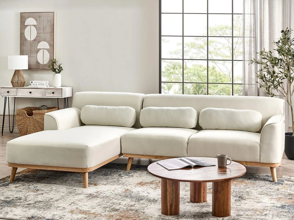 Beliani Trivietė kampinė sofa SIMOS, kreminės spalvos, dešininė