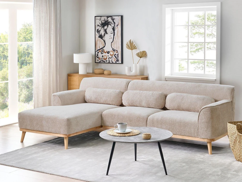 Beliani Trivietė kampinė sofa SIMOS šenilas smėlio spalvos dešininė