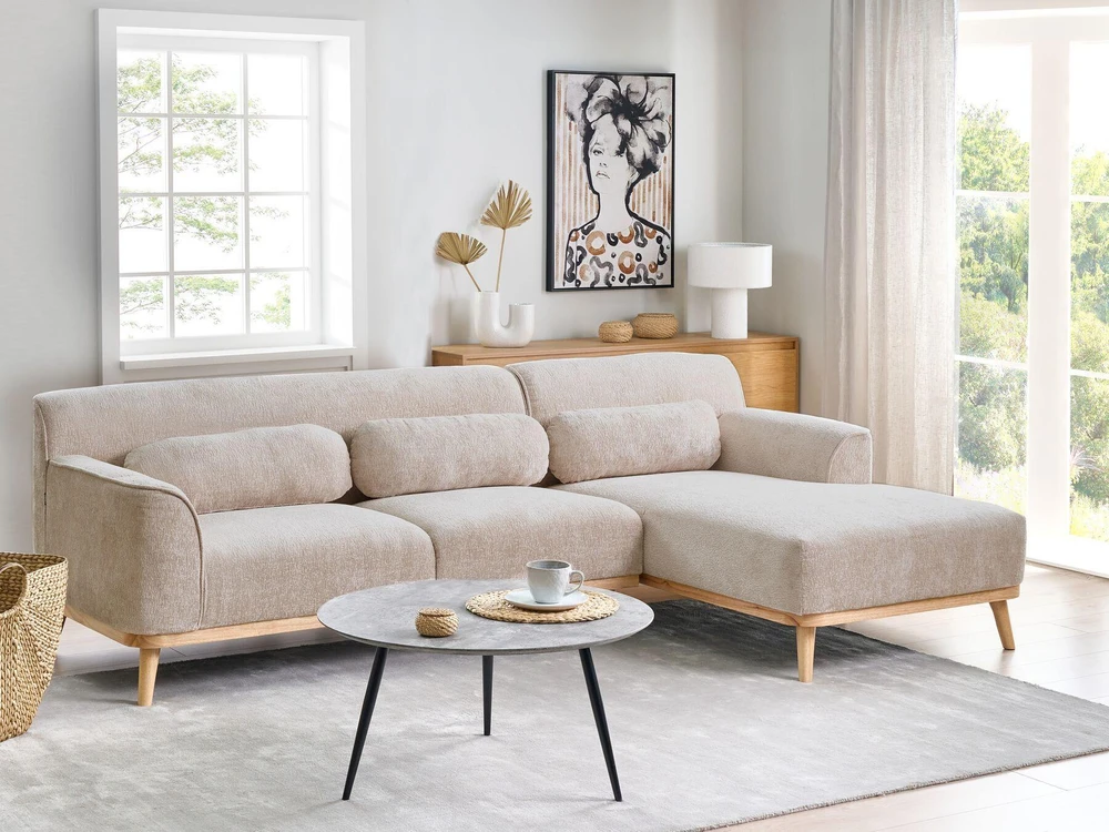 Beliani Trivietė kampinė sofa SIMOS, šenilinė, smėlio spalvos, kairinė