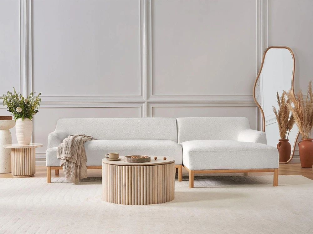 Beliani Trivietė kampinė sofa SOSJO, Boucle audinys, dramblio kaulo spalva, kairinė