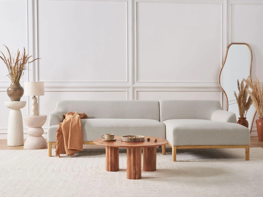 Beliani Trivietė kampinė sofa SOSJO, šviesiai smėlio spalvos, kairinė