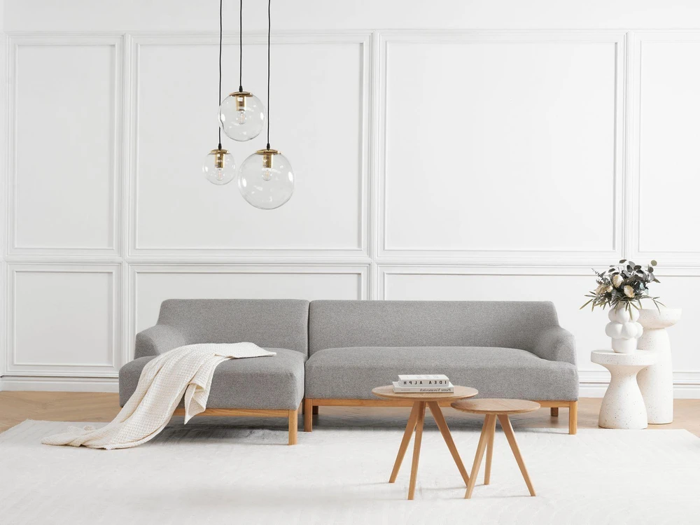 Beliani Trivietė kampinė sofa SOSJO šviesiai pilka dešininė