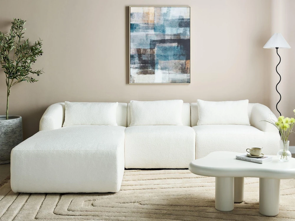 Beliani Trivietė kampinė sofa SVANSELE, bouclé audinys, kreminė balta, dešininė