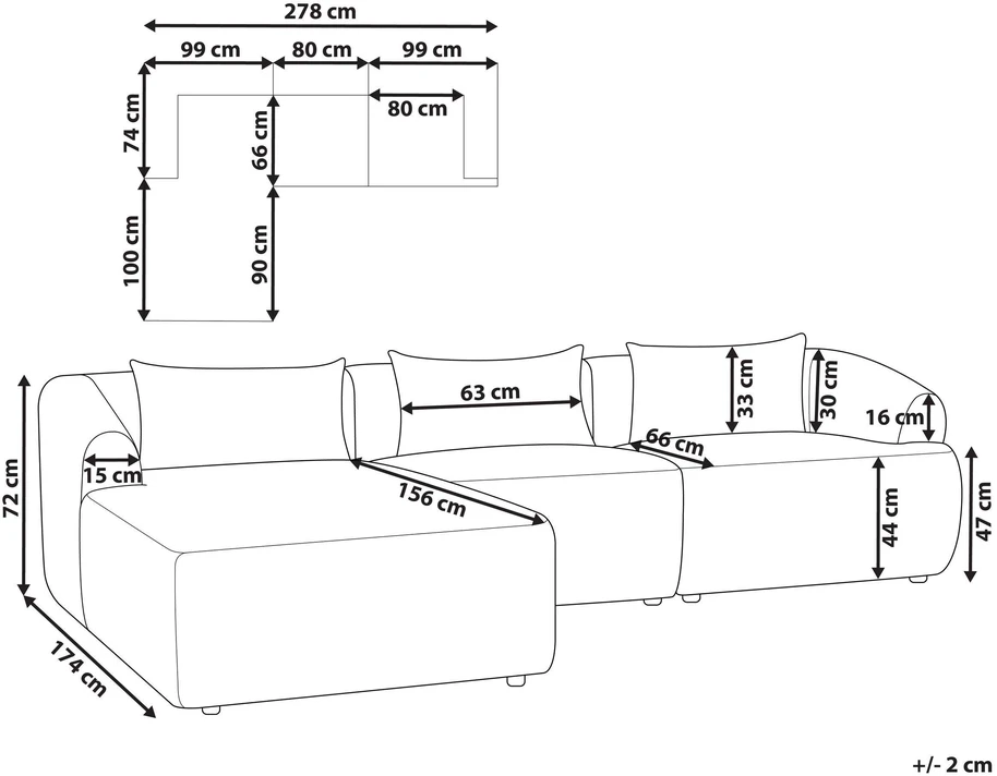 Beliani Trivietė kampinė sofa SVANSELE, bouclé audinys, kreminė balta, dešininė