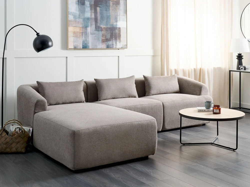 Beliani Trivietė kampinė sofa SVANSELE smėlio pilkumo spalvos, dešininė