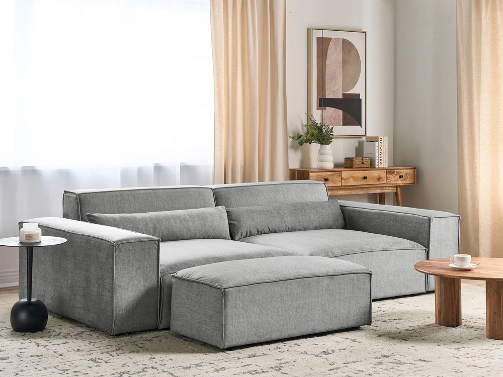Beliani Trivietė modulinė sofa HELLNAR su otomana, pilka