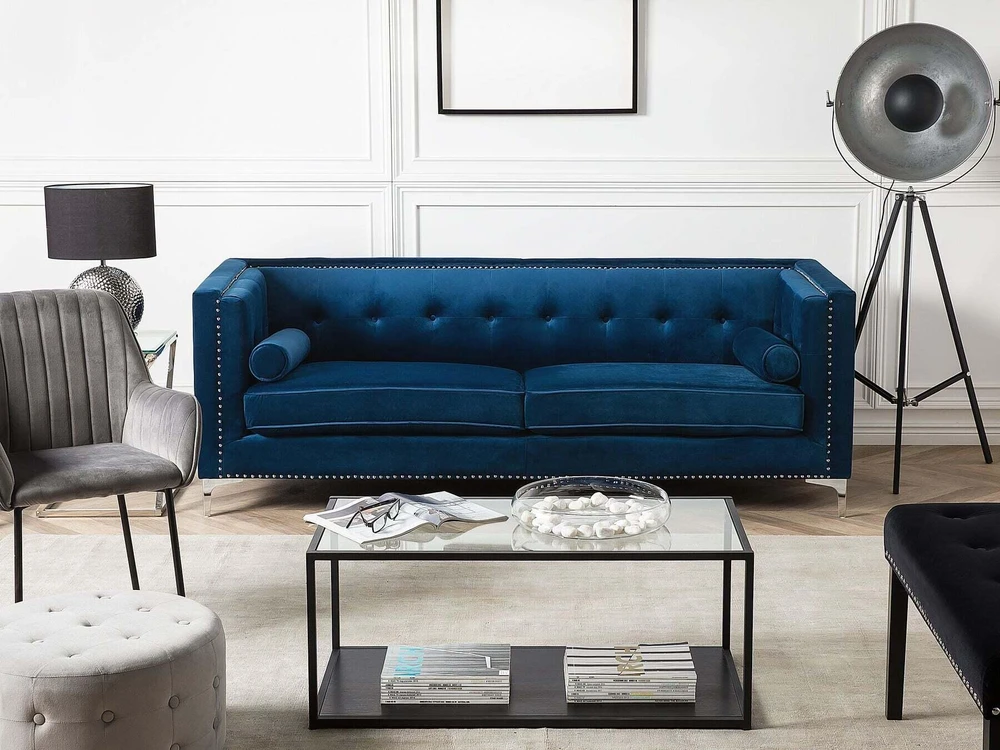 Beliani Trivietė sofa AVALDSENES velvetinė, tamsiai mėlyna
