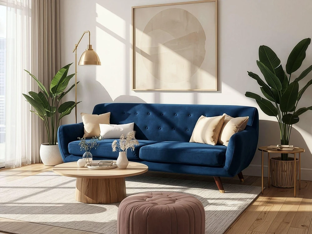Beliani Trivietė sofa BODO, veliūras, tamsiai mėlyna
