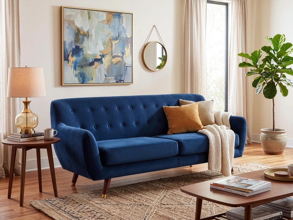 Beliani Trivietė sofa BODO, veliūras, tamsiai mėlyna
